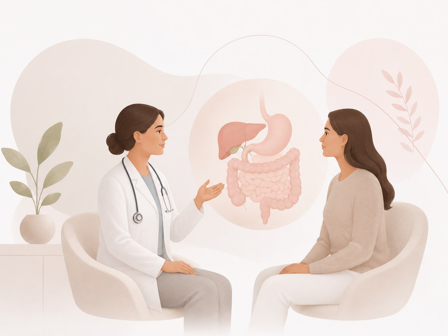 Consulta médica sobre saúde digestiva em estilo editorial suave