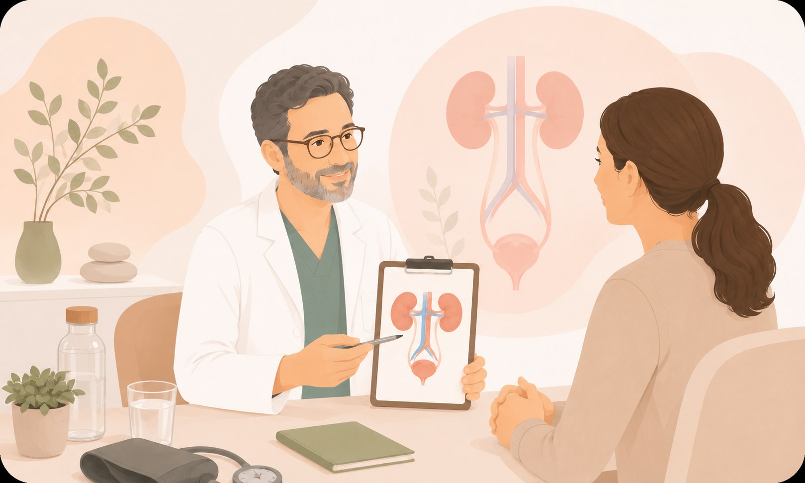 Consulta médica sobre saúde renal com nefrologista e paciente