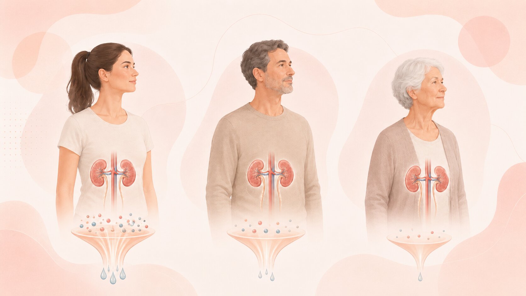 Ilustração da mudança gradual da função dos rins ao longo da vida